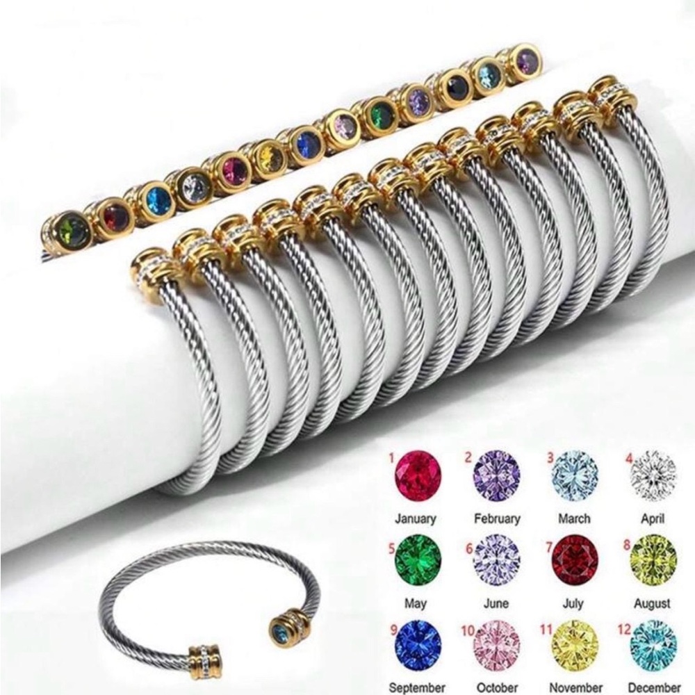 Personalized Birthstone Cuff Bracelet – Gold Accent Cable Bangle Cable bracelet